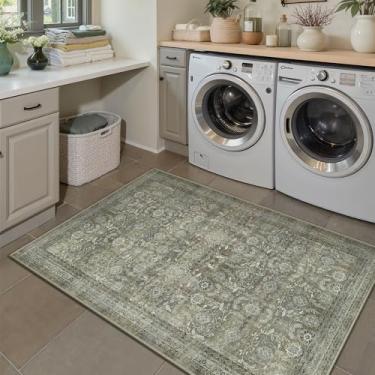 Imagem de WondRg Tapete de área neutra lavável 7 x 12 cm para entrada, vintage, antiderrapante, macio, fino, floral, tradicional, resistente a manchas, sala de jogos, quarto, cozinha, lavanderia, escritório