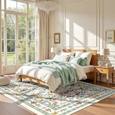 Imagem de Deerly Tapetes florais 12 x 18 cm, vintage, lavável, antiderrapante, para sala de estar, macio, de pelo baixo, colorido, fino, para quarto, para sala de jantar, sala de jogos, berçário, casa de