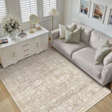 Imagem de WondRg Tapete de área neutra lavável bege 3x5 para entrada, vintage, antiderrapante, macio, fino, floral, tradicional, resistente a manchas, sala de jogos, quarto, cozinha, lavanderia, escritório