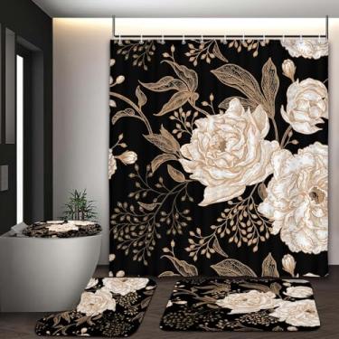 Imagem de Conjunto de cortina de chuveiro floral ouro preto com tapetes, flores estéticas boho rosas escuras vintage dourado exclusivo chique, conjuntos de acessórios de banheiro tapetes antiderrapantes