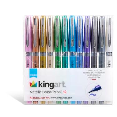 Imagem de KINGART Canetas pincel metálico (463-12), 12 cores, pontas de nylon flexível, tinta à base de água