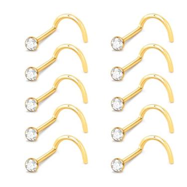 Imagem de DGhera Brincos de nariz: 10 peças 20G 316L aço cirúrgico piercing de nariz hipoalergênico saca-rolhas piercing de nariz joia de zircônia cúbica para mulheres e homens, 20Gauge(0.8mm), Aço inoxidável