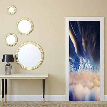 Imagem de Papel de parede com pintura de parede para porta de quarto, Via Láctea sobre picos de montanhas nevadas no alto, visão mágica da galáxia com nuvens de crepúsculo, para dormitórios, escritórios e