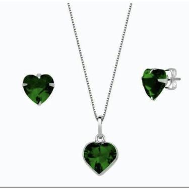 Imagem de Colar Brinco Infantil Coração Zirconia Prata 925 verde - Lojas La+Ny, 