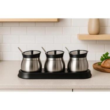 Imagem de Conjunto 3 Unidades Vasilha Vidro Recipiente Inox Suporte Colher Pote 