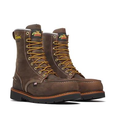 Imagem de Thorogood 1957 Series 20.3 cm Botas de trabalho impermeáveis com bico de aço para homens – Couro de flor integral com biqueira moc, sola antiderrapante no calcanhar e palmilha confortável;