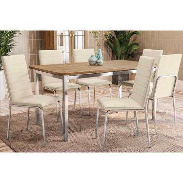 Imagem de Conjunto Mesa De Cozinha Reno Com Tampo De Madeira 160cm E 6 Cadeiras Amsterdã Cromada Nude 16 Kappesberg