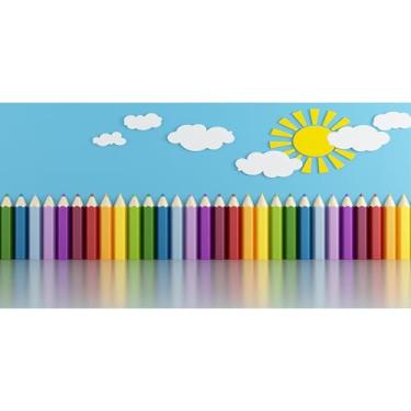 Imagem de Baocicco 6 x 3 m, pano de fundo redondo de poliéster, decoração de interiores de quarto infantil, fundo fotográfico, giz de cera, nuvens, fundo azul, jardim de infância, atividade, quarto infantil