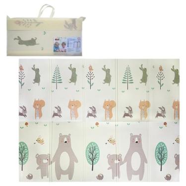 Imagem de Tapete Infantil Dobrável, 2m x 1,5m x 8mm, Dupla Face com Estampa de Urso e Elefante, Térmico e Antiderrapante, com Bolsa de Transporte