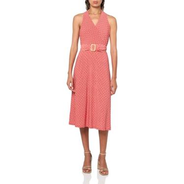 Imagem de Halston Vestido de jérsei feminino sem mangas com decote em V e cinto, Fogo/Areia, 42