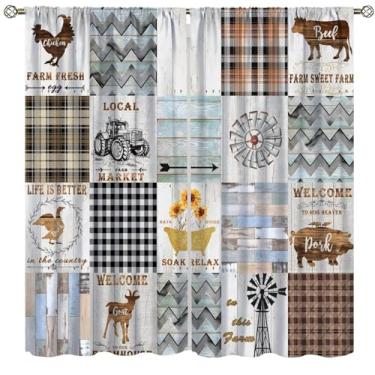 Imagem de Cortinas blecaute de animais de fazenda para quarto, vintage rústico velho tábua, trator de treliça, moinho de vento, girassol, vaca, galo, cabra, casa de fazenda, cortinas de janela para meninas