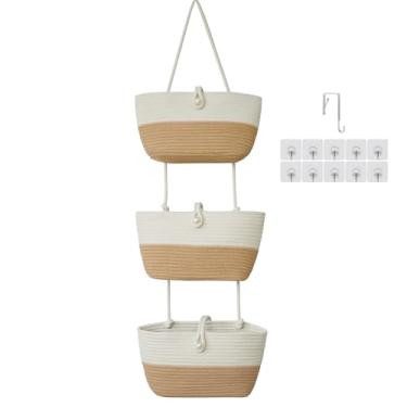 Imagem de TeoKJ Organizador suspenso de algodão com botão pérola, cestas de armazenamento sobre a porta de 3 camadas para banheiro, quarto, armário - juta e branco