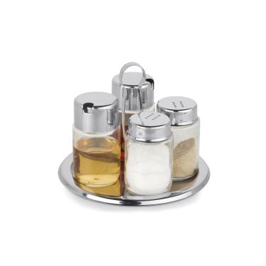 Imagem de Kit Porta Azeite Inox Vidro Galheteiro Redondo 5 Peças Forma