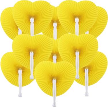 Imagem de Bestage 12 pacotes de leques de mão dobráveis de papel decorativo, portátil, coração amarelo, fãs de casamento, fãs chineses e japoneses, a granel para convidados nupciais, lembrancinhas de festa da