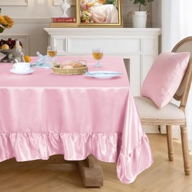 Imagem de Ersmak Toalha de mesa de cetim rosa claro com borda de babados – toalha de mesa retangular de cetim 152 x 300 cm toalha de mesa de seda brilhante para casamentos, banquetes ou jantar em casa