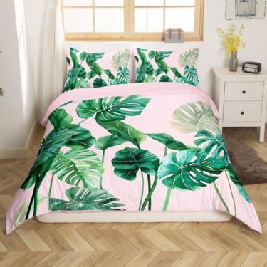 Imagem de jejeloiu Jogo de cama king size com folhas tropicais botânicas de folhas tropicais de folhas de palmeira para meninos meninas verão plantas verdes tema natureza rosa capa de edredom decoração de