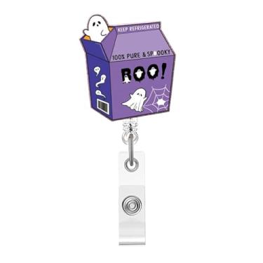 Imagem de Carretel de crachá de Halloween, crachá de acrílico de fantasma fofo para crachá de identificação, caixa de suco divertida, suporte retrátil de crachá, acessórios de clipe de jacaré para enfermeiras