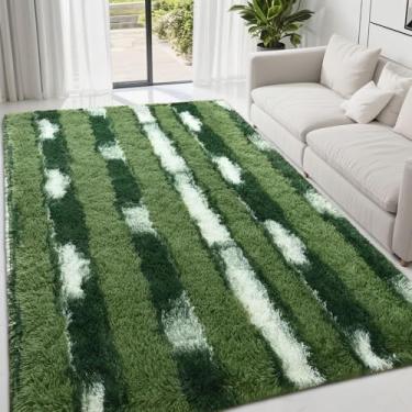 Imagem de FALARK Tapete felpudo fofo verde branco listrado, 1,2 x 1,8 m, retangular, felpudo, para sala de estar, carpete macio e felpudo para quarto, tapete lavável antiderrapante para uso interno, decoração