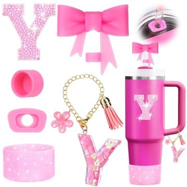 Imagem de Mity rain 6 peças de acessórios de copo rosa para Stanley Cup 850 g 1,134 g - Decoração de iniciais de copo para Stanley, incluindo tampa e bota de palha de silicone, tampa à prova de derramamento