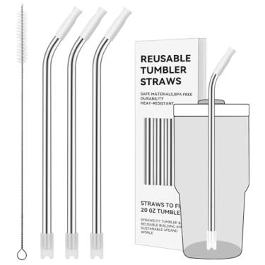 Imagem de Prurex Canudos de metal reutilizáveis com ponta de silicone para Stanley 590 ml, canudos de aço inoxidável para copo de 590 ml, 3 tubos dobrados e 6 pontas e 1 escova Cleanr (branco)