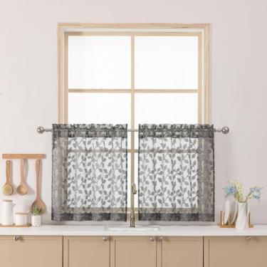 Imagem de Chyhomenyc Cortinas transparentes cinza carvão 61 cm de comprimento, cortina de cozinha pequena texturizada com filtro de luz sobre a pia, cortinas curtas de meia janela para porão de banheiro, 76 cm