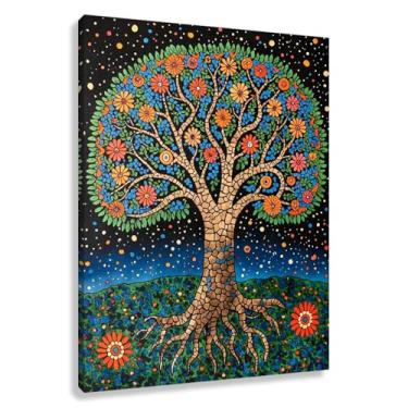 Imagem de Árvore da Vida Arte de Parede Impressão em Tela Azul Profundo Laranja Decoração Fundo Cósmico Significado Espiritual para Sala de Estar 45x60cmx1