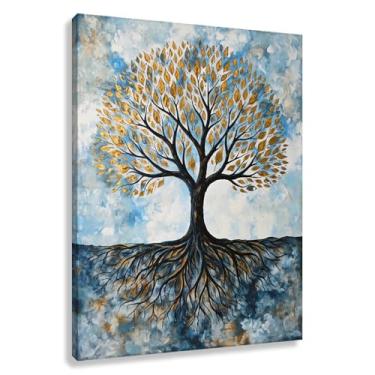 Imagem de Árvore da Vida Arte de Parede Impressão em Tela Decoração Harmonia da Vida Crescimento Espiritual Natureza Raízes Folhas Azul Verde 30x40cmx1