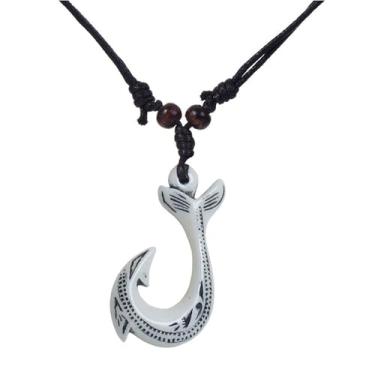 Imagem de coadipress Colar havaiano com pingente de anzol, vintage, Maui, praia, sofrimento, tribal, cordão de cânhamo, ajustável, corrente de proteção, amuleto, tartaruga, tubarão, colares para homens e