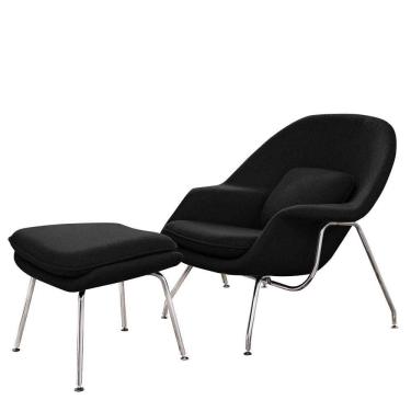 Imagem de Poltrona Womb Chair Com Puff Cromada Linho Preto