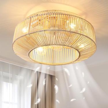 Imagem de Ventilador de teto Boho de vime de 50 cm com luzes, ventilador de teto embutido com controle remoto, 6 velocidades, temporização, lâminas reversíveis, luzes de ventilador de fazenda para quarto