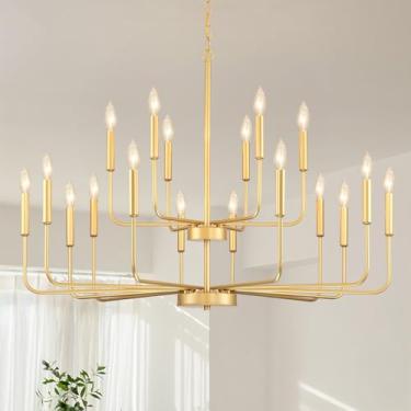 Imagem de Gifarich Lustres dourados para sala de jantar luminária sobre mesa, lustres modernos de casa de fazenda para sala de estar, 18 luzes luminárias de vela de 2 níveis para entrada, cozinha, ilha, hall de