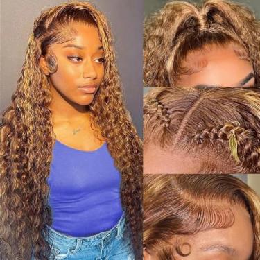 Imagem de Peruca frontal de renda ombré, realce, cabelo humano, 33 x 10 cm, onda profunda, cabelo humano loiro mel 4/27, peruca cacheada profunda, HD, sem cola, cabelo humano, pré-arrancado, densidade de 200