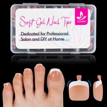 Imagem de Vansiho 150 pontas de unhas postiças de ponta de pressão, ponta francesa de gel macio extensão de unha marrom branco, ponta quadrada redonda pré-aplicada, primer e camada de base, unhas postiças de