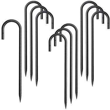 Imagem de Estacas de vergalhão de 30,5 cm, pacote com 10 pontas, gancho de metal resistente, estacas de cerca para trampolim, cerca, barraca de acampamento (10, J-12 x 5/16 preto)