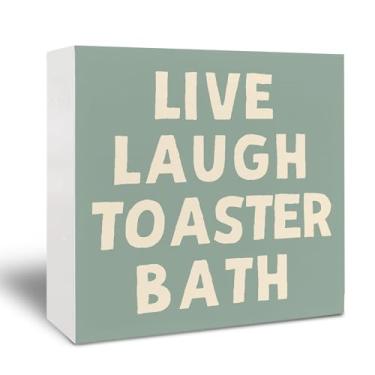 Imagem de Kneaotoaji Placa de madeira Live Laugh Toaster Bath – Decoração de banheiro divertida, torradeira engraçada para banheiro, placa rústica de banheiro para prateleira de casa, mesa, 12 x 12 cm