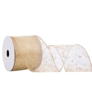 Imagem de QIANF Fita com fio transparente de organza champanhe com padrão de redemoinho de glitter e borda metálica, fita de malha de borda de arame de 6 cm x 10 metros para decoração de árvore de Natal