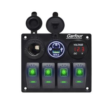Imagem de Garfour Painel de interruptor de barco impermeável verde 4 Gang Marine Painel de alumínio com voltímetro de 12 V Tipo-C e soquete de carregamento USB QC3.0 Painel de bruxa para carro barco
