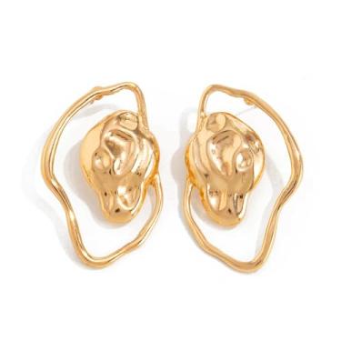 Imagem de Brincos pendentes de martelar grossos, brincos geométricos irregulares de ouro exagerado, brinco grande de gota de martelo oco, Large, Metal, Sem pedra preciosa