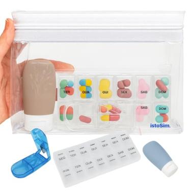 Imagem de istoSim. Kit Porta Comprimidos Manhã/Noite - Estojo AM/PM Organizador de Pílulas, Cápsulas e Vitaminas com Frasco 30ml, Cortador e Nécessaire para Viagem e Rotina