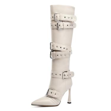 Imagem de GOSERCE Botas de cano alto pretas e brancas para mulheres sexy bico fino fivela rebites bota stiletto alta moda botas longas de salto alto com zíper feminino couro envernizado preto sapatos brancos