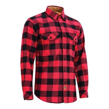 Imagem de Camisa masculina de flanela xadrez de manga comprida com botões casuais, para homens, 100% algodão, punhos de veludo cotelê, Vermelho clássico, G