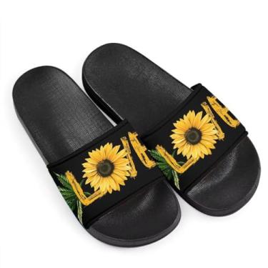 Imagem de Howilath Novidade Sandálias Deslizantes com Estampa de Girassóis para Mulheres e Meninas, Confortável Bico Aberto Antiderrapante Faixa Única Sandálias Deslizantes, Folha de bordo de girassol amarelo