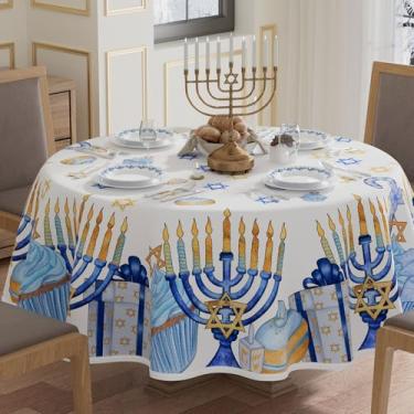 Imagem de XCHI Toalha de mesa redonda com estrela de seis pontas Hanukkah Chanukah Menorah Dreidel, toalha de mesa redonda, toalhas de mesa laváveis para decoração de festa em casa 177 x 177 cm