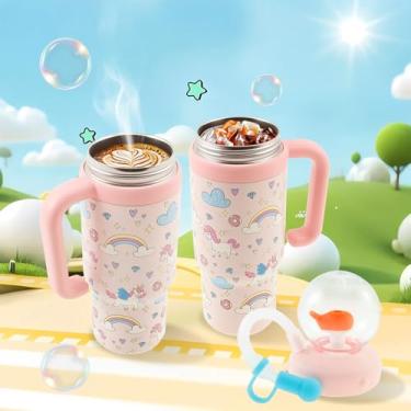 Imagem de Copo de fonte de baleia com alça, copo de fonte de baleia de aço inoxidável, copo de bebida com esguicho com efeito de fonte divertido (rosa)