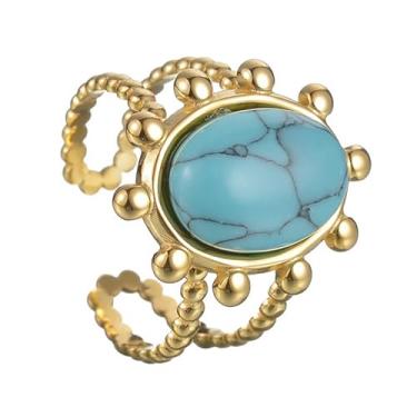 Imagem de LadayPoa Anel turquesa simples, banhado a ouro 18 K, anéis empilháveis Boho ajustáveis para mulheres, aliança de casamento Western Eternity, joia vintage para presente, Aço inoxidável, Turquesa