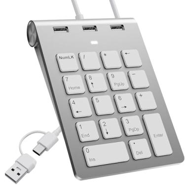 Imagem de Bawanfa Plus Teclado numérico com fio USB C/USB A, mini teclado numérico ergonômico com 3 portas USB 2.0, teclado numérico de 18 teclas, calculadora de escritório para laptop, desktop, notebook, PC
