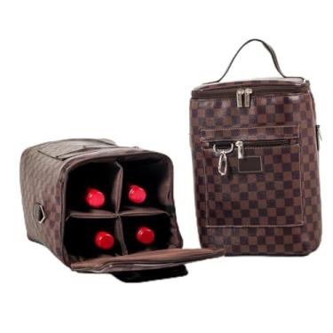 Imagem de Bolsa TéRmica Para 4 Garrafas Ou 2 Garrafas + 2 TaçAs - Ideal Para Vinho, Cerveja, Gin E Champanhe, Wine Bag Cooler Com EspaçO Para TaçAs(MARROM XADREZ)