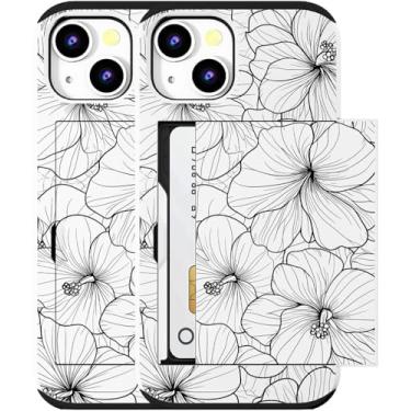 Imagem de MUQR Capa compatível com iPhone 15 com porta-cartão fofo - Design Kawaii, proteção contra quedas de grau militar, capa tipo carteira robusta para mulheres (Hibisco branco e preto)