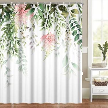 Imagem de Cortina de chuveiro com folhas para banheiro, flores rosa e brancas, verde sálvia, folhas de eucalipto, conjunto de cortina de chuveiro com primavera, botânica, aquarela, decoração de banheiro, tecido