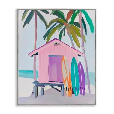 Imagem de Stupell Industries Cabana de praia rosa e quadros brilhantes, arte giclée emoldurada cinza, design por Sisi e Seb, 76 x 61 cm